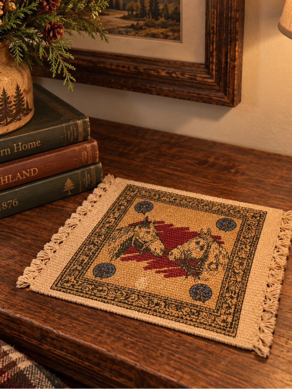 Vintage Tan and Red Horse Motif Tapestry Accent Mat